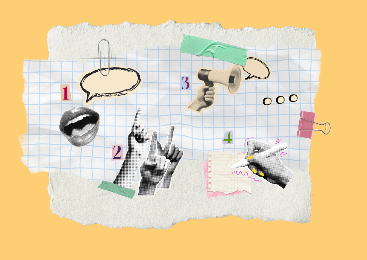 Bild im Collagen-Stil mit Sprechblasen, 3 aufzeigenden Zeigefingern, Mund, Megafon, Notizzettel und schreibende Hand mit Stift. Nummerierung 1 bis 4 sowie die Auslassungspunkte verdeutlichen die Vielzahl der Partizipationsmöglichkeiten
