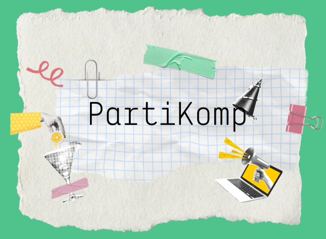 Schriftzug PartiKomp auf einem karierten Blattschnipsel im Collagenstil